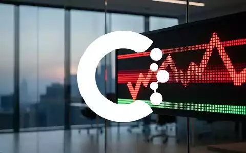 Ein Börsenticker zeigt einen starken Kursrückgang, gespiegelt in einem Fenster mit Stadtblick bei Dämmerung. - Foto: über boerse-global.de