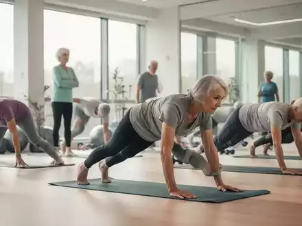 Senioren (50+) machen Körpergewichtsübungen zur Haltungskorrektur und Stärkung der Rückenmuskulatur in einem hellen Fitnessstudio. - Foto: über boerse-global.de