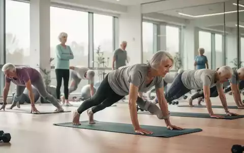 Senioren (50+) machen Körpergewichtsübungen zur Haltungskorrektur und Stärkung der Rückenmuskulatur in einem hellen Fitnessstudio. - Foto: über boerse-global.de
