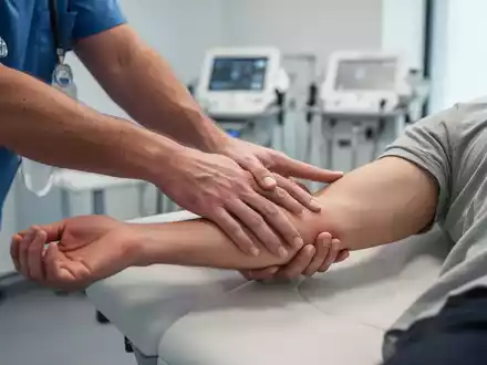 Hände eines Physiotherapeuten, der manuelle Therapie an einem Patientenarm durchführt, mit unscharfem medizinischem Hintergrund. - Foto: über boerse-global.de