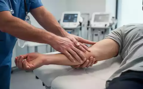 Hände eines Physiotherapeuten, der manuelle Therapie an einem Patientenarm durchführt, mit unscharfem medizinischem Hintergrund. - Foto: über boerse-global.de