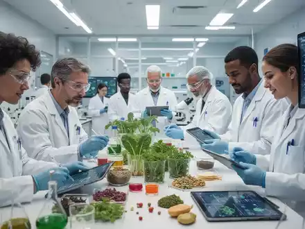 Eine Gruppe von Wissenschaftlern in einem modernen Labor untersucht pflanzliche Lebensmittel und digitale Daten, um die Auswirkungen verschiedener Ernährungsformen zu erforschen. - Foto: über boerse-global.de