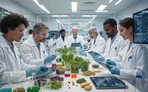 Eine Gruppe von Wissenschaftlern in einem modernen Labor untersucht pflanzliche Lebensmittel und digitale Daten, um die Auswirkungen verschiedener Ernährungsformen zu erforschen. - Foto: über boerse-global.de