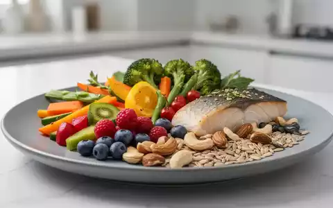 Eine Nahaufnahme eines gesunden Tellers mit verschiedenen bunten Lebensmitteln wie Beeren, Nüssen, Fisch und grünem Gemüse. - Foto: über boerse-global.de