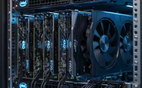 Close-up of multiple Intel Arc Pro B70 graphics cards in a server rack, glowing subtly, symbolizing AI inference. - Foto: über boerse-global.de