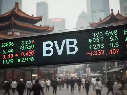 Ein Börsenticker zeigt 'BVB'-Aktienkurse vor einer verschwommenen Kulisse chinesischer Architektur und einer modernen Stadt. - Foto: über boerse-global.de