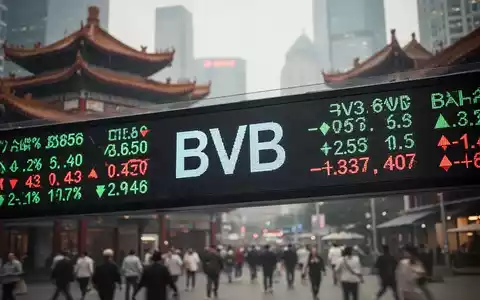 Ein Börsenticker zeigt 'BVB'-Aktienkurse vor einer verschwommenen Kulisse chinesischer Architektur und einer modernen Stadt. - Foto: über boerse-global.de