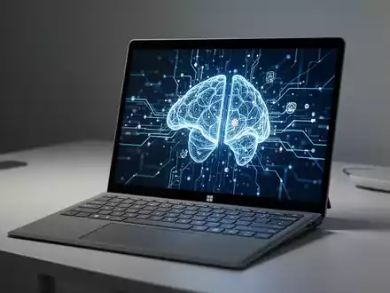 A close-up of a modern Microsoft Surface Laptop with a glowing screen on a minimalist desk, emphasizing performance and AI. - Foto: über boerse-global.de