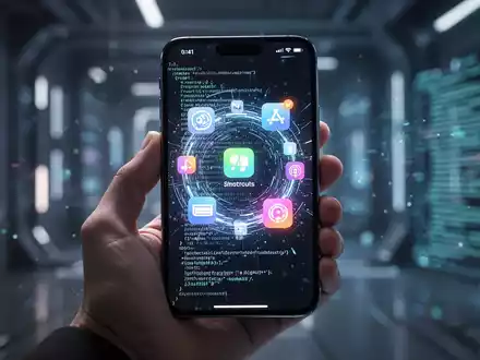 A hand holds an iPhone displaying a glowing, abstract interface with AI-generated shortcut icons, representing iOS automation. - Foto: über boerse-global.de