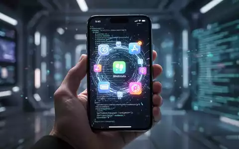 A hand holds an iPhone displaying a glowing, abstract interface with AI-generated shortcut icons, representing iOS automation. - Foto: über boerse-global.de
