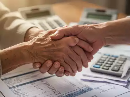Eine ältere Hand hält die Hand einer jüngeren Person, im Hintergrund unscharf Finanzdokumente oder ein Rechner. - Foto: über boerse-global.de