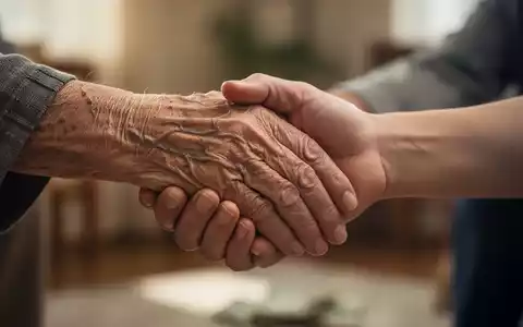 Eine ältere, faltige Hand wird von einer jüngeren, unterstützenden Hand gehalten, im Hintergrund verschwommen ein häusliches Umfeld. - Foto: über boerse-global.de