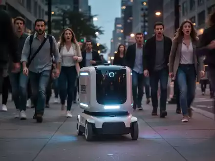 An autonomous delivery robot navigating a crowded city sidewalk at dusk, with pedestrians looking on with concern. - Foto: über boerse-global.de