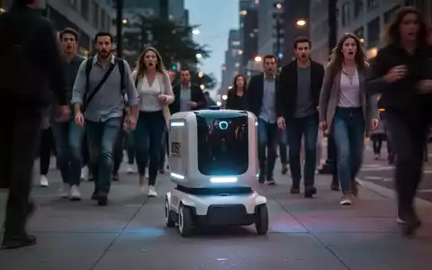 An autonomous delivery robot navigating a crowded city sidewalk at dusk, with pedestrians looking on with concern. - Foto: über boerse-global.de