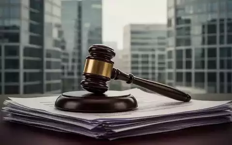 Ein stilisierter Hammer liegt auf einem Stapel juristischer Dokumente, mit unscharfem Hintergrund von Bürogebäuden. - Foto: über boerse-global.de