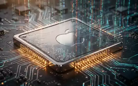 Ein futuristischer, glänzender Mikrochip mit einem stilisierten Apple-Logo und digitalen Datenströmen, symbolisiert Technologie und Innovation. - Foto: über boerse-global.de