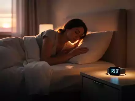 Eine Person sitzt im Bett, die Silhouette ist im sanften Morgenlicht zu sehen, während ein digitaler Schlaf-Tracker auf dem Nachttisch leuchtet. - Foto: über boerse-global.de