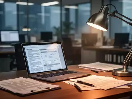 Eine Schreibtischszene, die einen Laptop, Dokumente und eine Lampe im Vordergrund zeigt, mit einem unscharfen Büro im Hintergrund. - Foto: über boerse-global.de
