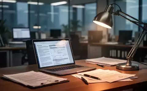 Eine Schreibtischszene, die einen Laptop, Dokumente und eine Lampe im Vordergrund zeigt, mit einem unscharfen Büro im Hintergrund. - Foto: über boerse-global.de