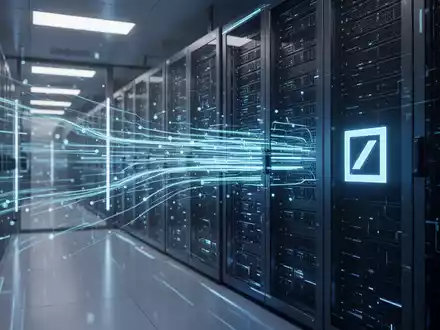 Eine futuristische Serverhalle mit blauen Datenströmen, die KI und Finanztechnologie repräsentieren, mit einem dezenten Deutsche Bank Logo. - Foto: über boerse-global.de