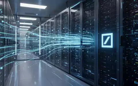 Eine futuristische Serverhalle mit blauen Datenströmen, die KI und Finanztechnologie repräsentieren, mit einem dezenten Deutsche Bank Logo. - Foto: über boerse-global.de