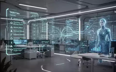 Eine futuristische Büroumgebung mit holografischen Benutzeroberflächen, die Aufgabenlisten und Datenflüsse anzeigen, symbolisiert KI-gestützte Aufgabenplanung. - Foto: über boerse-global.de