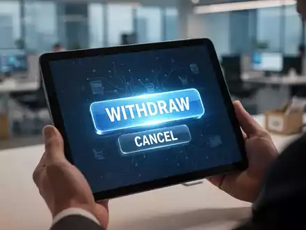 A glowing 'WITHDRAW' button on a tablet screen, held by a person, symbolizing digital consumer rights and online commerce regulations. - Foto: über boerse-global.de