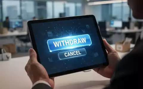A glowing 'WITHDRAW' button on a tablet screen, held by a person, symbolizing digital consumer rights and online commerce regulations. - Foto: über boerse-global.de