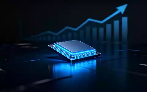 Ein futuristischer Mikrochip mit blauem Licht auf einer reflektierenden Oberfläche, symbolisiert Technologie und Wachstum. Im Hintergrund ein subtiler Aufwärtstrendgraph. - Foto: über boerse-global.de