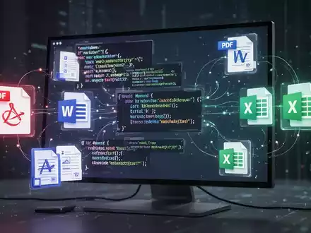 Digital documents transforming into structured Markdown code on a screen, symbolizing data conversion and AI efficiency. - Foto: über boerse-global.de