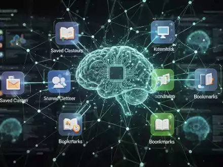 A glowing neural network symbolizing AI, overlaid on a digital interface with bookmark and content saving icons, representing smart organization. - Foto: über boerse-global.de
