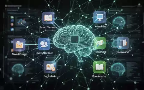 A glowing neural network symbolizing AI, overlaid on a digital interface with bookmark and content saving icons, representing smart organization. - Foto: über boerse-global.de