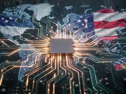 Glowing circuit board with data flows and subtle digital representations of national borders, symbolizing digital sovereignty and AI in public procurement. - Foto: über boerse-global.de