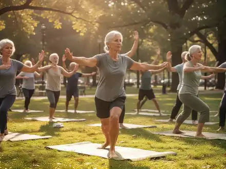 Eine vielfältige Gruppe von Erwachsenen nimmt an einem ruhigen Yoga- oder Qigong-Kurs im Freien teil, um Gesundheit und Wohlbefinden zu fördern. - Foto: über boerse-global.de