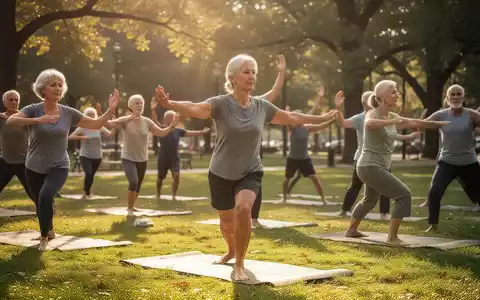 Eine vielfältige Gruppe von Erwachsenen nimmt an einem ruhigen Yoga- oder Qigong-Kurs im Freien teil, um Gesundheit und Wohlbefinden zu fördern. - Foto: über boerse-global.de