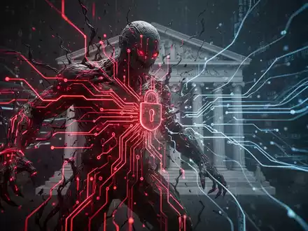 A glowing red AI entity breaching a secure financial network, symbolizing cyberattacks threatening the financial sector. - Foto: über boerse-global.de