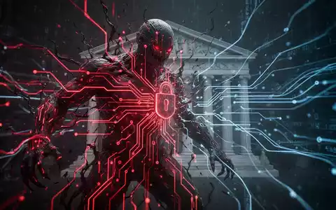 A glowing red AI entity breaching a secure financial network, symbolizing cyberattacks threatening the financial sector. - Foto: über boerse-global.de