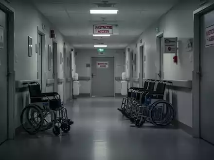 Ein stiller, steriler Flur in einer modernen Pflegeeinrichtung, leere Rollstühle an einer Wand, gedämpftes Licht. - Foto: über boerse-global.de