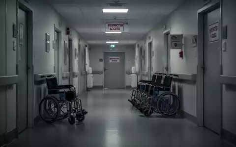 Ein stiller, steriler Flur in einer modernen Pflegeeinrichtung, leere Rollstühle an einer Wand, gedämpftes Licht. - Foto: über boerse-global.de