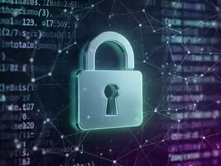 A glowing digital padlock icon superimposed over a blurred background of abstract code and network lines, symbolizing cybersecurity. - Foto: über boerse-global.de