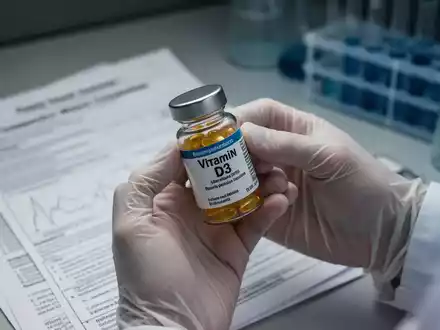 Eine Hand hält eine Flasche Vitamin-D3-Pillen, im Hintergrund sind verschwommene medizinische Dokumente zu sehen. - Foto: über boerse-global.de