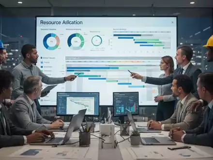 Ein Team von Fachleuten arbeitet an der Kapazitätsplanung, mit Diagrammen zur Ressourcenzuweisung auf einem Bildschirm. - Foto: über boerse-global.de