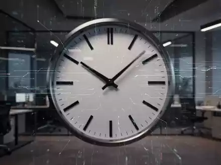 Eine Uhr mit unscharfen Zeigern und überlagerten digitalen Datenströmen, die Arbeitszeitflexibilität in einem modernen Büro symbolisiert. - Foto: über boerse-global.de