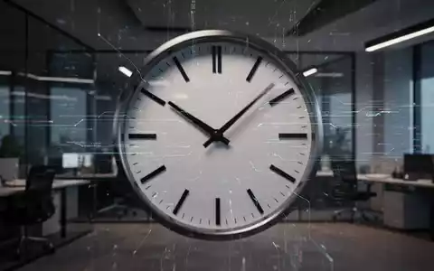 Eine Uhr mit unscharfen Zeigern und überlagerten digitalen Datenströmen, die Arbeitszeitflexibilität in einem modernen Büro symbolisiert. - Foto: über boerse-global.de