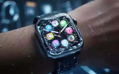 Apple Watch face with a futuristic 'Liquid Glass Design' displaying dynamic app icons, worn on a wrist, with a subtle digital glow. - Foto: über boerse-global.de