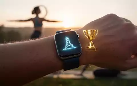 An Apple Watch displaying a yoga reward on a user's wrist, with a blurred background of someone practicing yoga outdoors. - Foto: über boerse-global.de