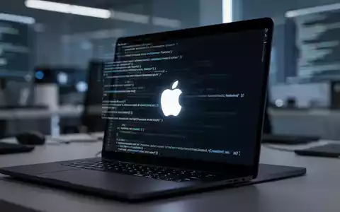 A glowing Apple logo on a laptop, with blurred code reflections, set in a modern tech workspace, symbolizing software development. - Foto: über boerse-global.de