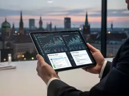 Eine Hand hält ein Tablet mit vereinfachten Steuerformularen und Finanzdiagrammen vor einem verschwommenen Stadtbild bei Sonnenuntergang. - Foto: über boerse-global.de