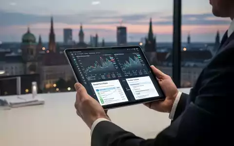 Eine Hand hält ein Tablet mit vereinfachten Steuerformularen und Finanzdiagrammen vor einem verschwommenen Stadtbild bei Sonnenuntergang. - Foto: über boerse-global.de