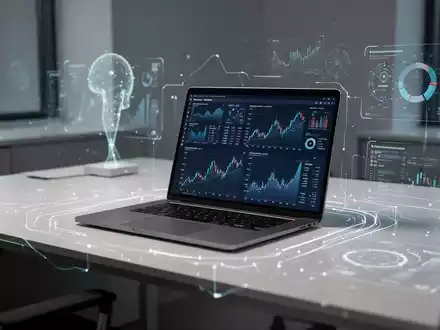 Ein moderner Schreibtisch mit Laptop, der Finanzdaten anzeigt, umgeben von digitalen Elementen, die KI und Automatisierung symbolisieren. - Foto: über boerse-global.de